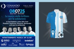 Chef con giacca dedicata a Maradona durante l’evento benefico Cenando sotto un Cielo Diverso 2025